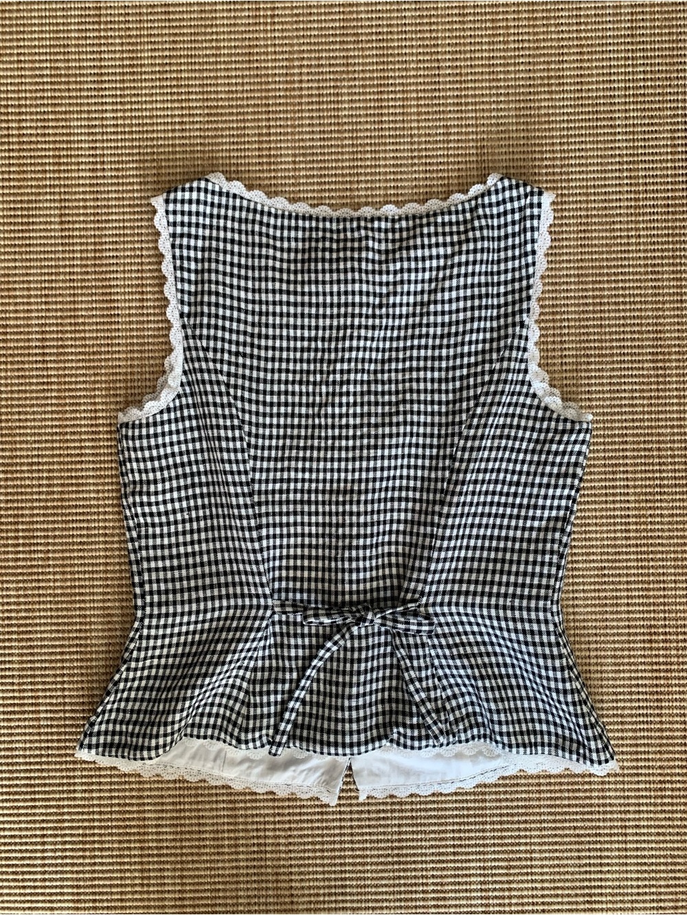 Reformation Amela Linen Gingham Button Lace Trim Sleeveless Top Remy Check Black - Picture 8 of 10